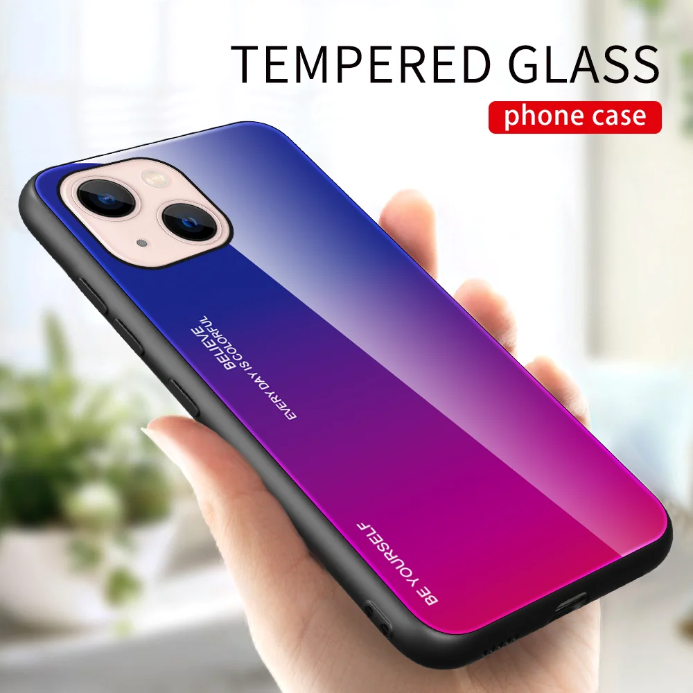 For Iphone 13PRO 12 11Pro Max XR XS X 8 7 Plus SE2020 Gradient Glass Phone Cases Dazzle Color Shell Tempered Glass Cover wallet phone case