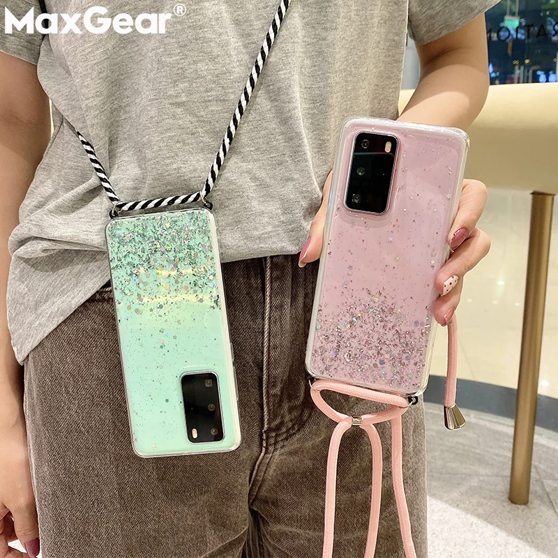 Прозрачный блестящий чехол с ремешком через плечо для Huawei P20 P30 P40 Pro Mate 20 30 Honor 10i 10 i