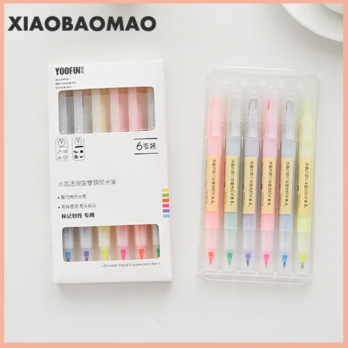 

6pcs/box Highlighter Double-head Art Marker Pens Pastel Liquid Fluorescent Pen School Color Pens Stationery Bullet Journal Suppl
