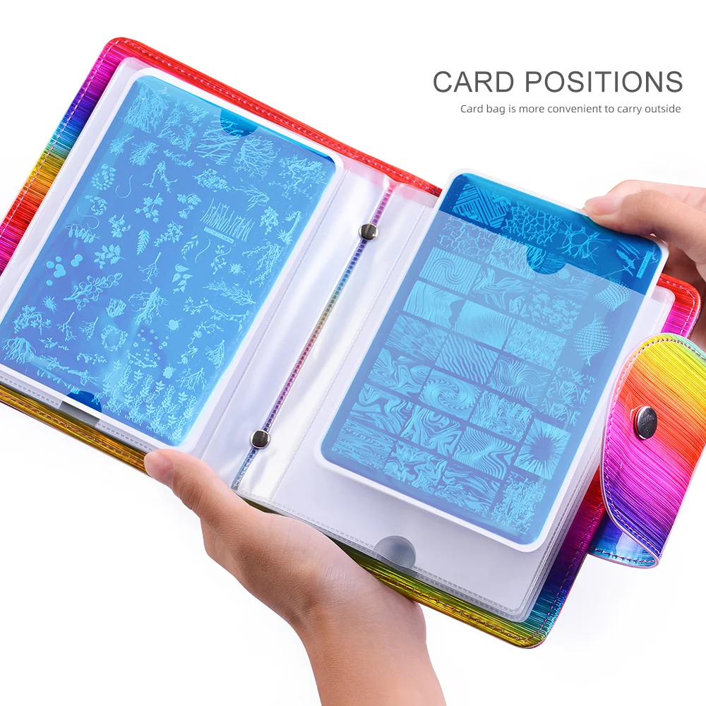 Billige 20Slots Holographische Stanzen Platte Fall Lila Rosa Bunte Rechteck Nail art Platte Veranstalter Halter Tasche