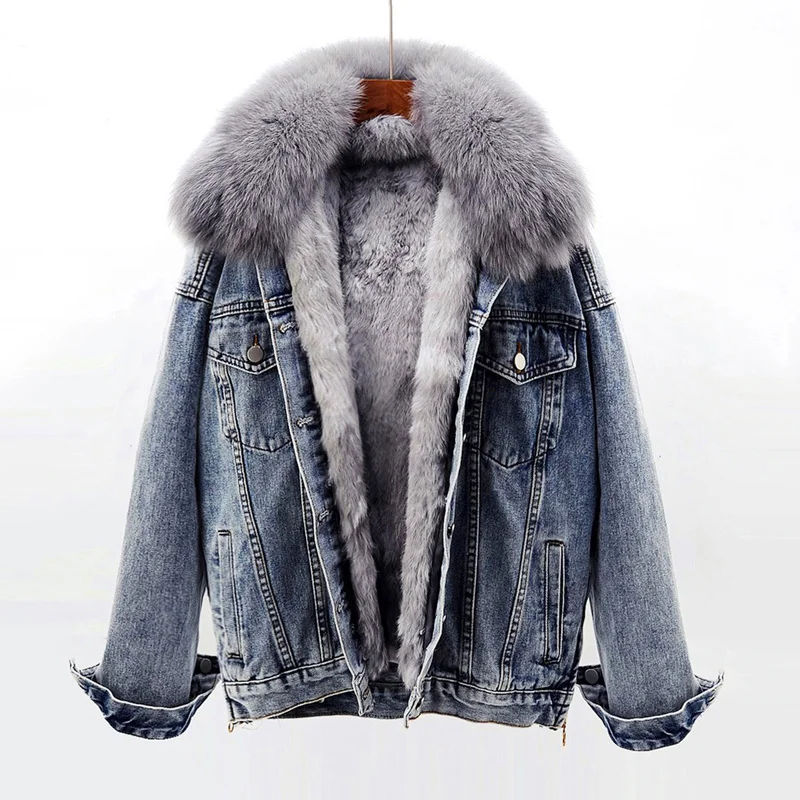 

Winter Thick Natural Fox Fur Collar Rabbit Fur Liner Denim Jacket Women Black Blue Cowboy Outerwear Loose Jeans Jackets Female