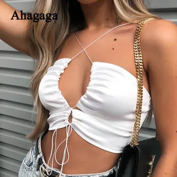

Ahagaga Halter Camis Women Short Tops Hollow Out Backless Sleeveless Skinny Drawstring Bandage Top Women Camis Crop Tops Blusas