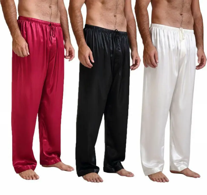 Мужские классические шелковые атласные пижамы, одежда для сна, одноцветные Свободные Штаны для сна, черные, темно-синие, красные пижамы, одежда для сна