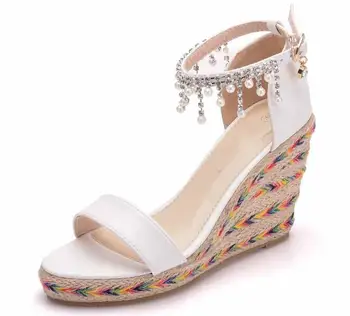 

Women sweet Tassel Beaded Wedding Shoes Woman Platform Fish Mouth Sandals Plus Size 33 42 Female Bohemian Diamond Bridal Shoes