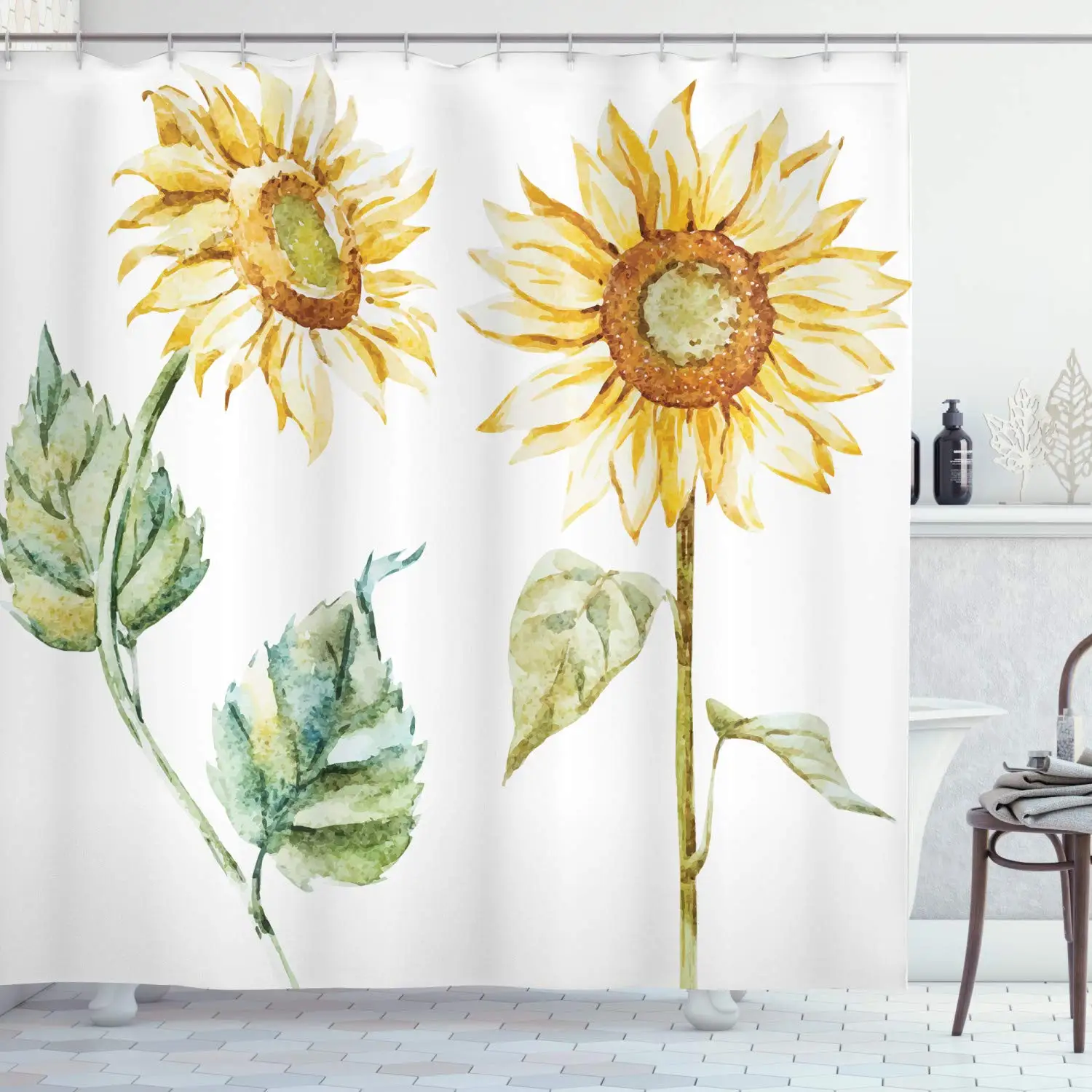 Watercolor Shower Curtain Alluring Sunflowers Summer Inspired Design Agriculture Cloth Fabric Bathroom Decor Set with Hooks | Дом и сад