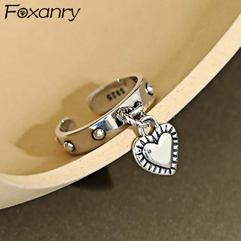 Silver Heart Ring Silver Rings Silver Ring Foxanry Stamp LOVE Heart Tassel Rings for Women Couples New Fashion Vintage Thai Silver Punk Party Jewelry Gifts