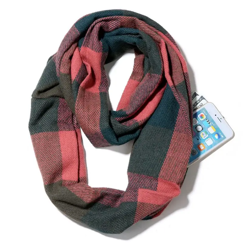 Women Men Winter Travel Pashmina Plaid Infinity Scarf with Hidden Zipper Pocket - Цвет: F