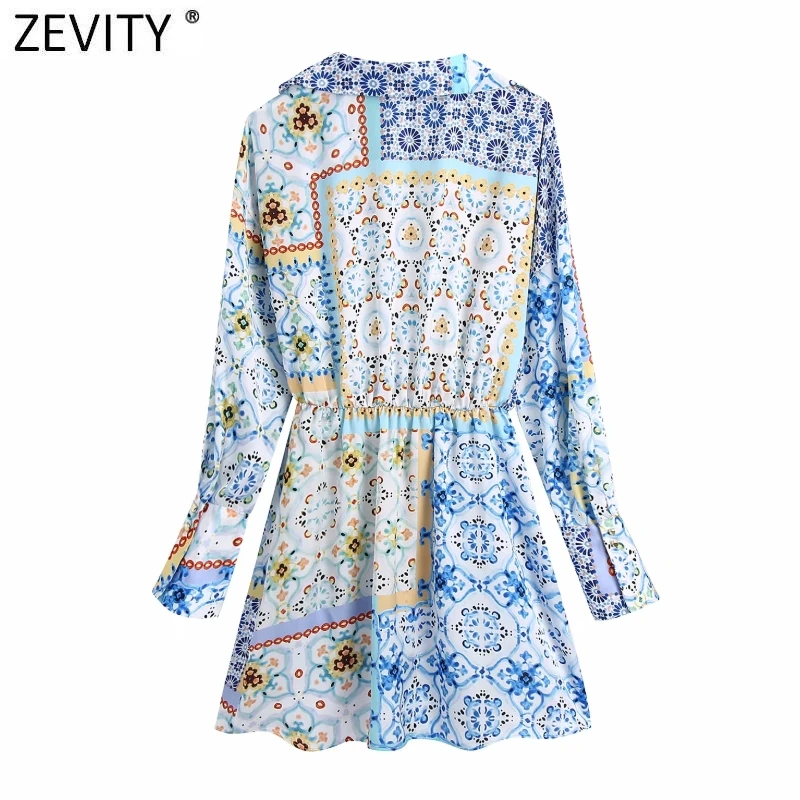 Zevity 2021 Women Vintage V Neck Cloth Patchwork Print Mini Shirt Dress Female Chic Breasted Elastic Waist Retro Vestidos DS8398