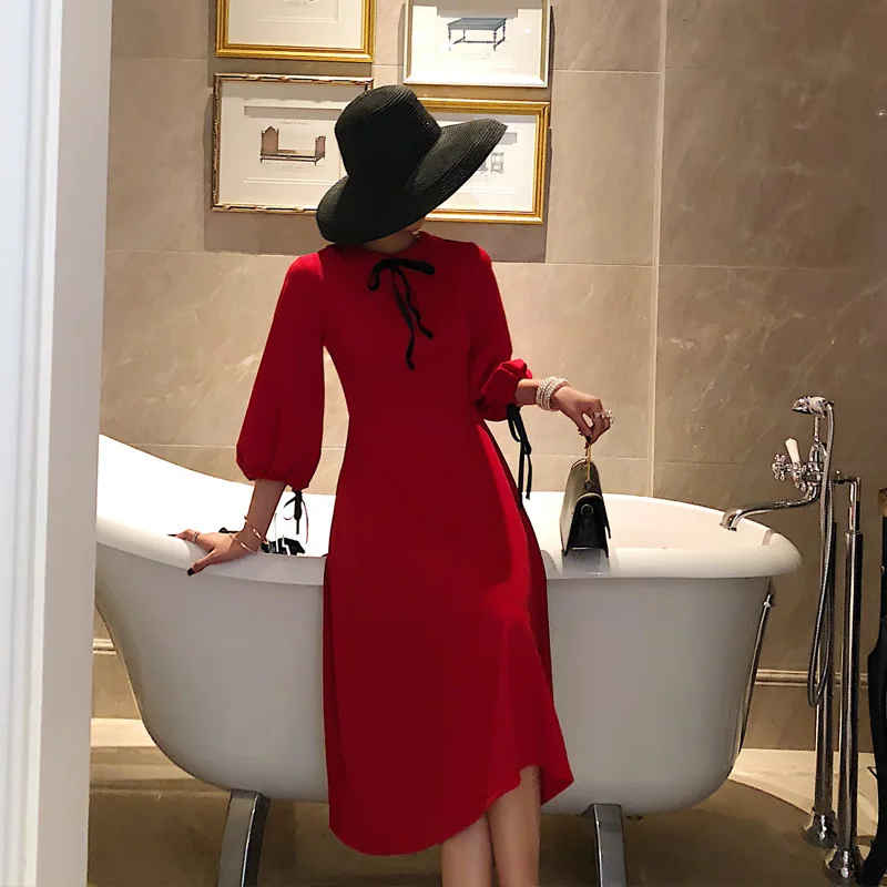 

S-XXL Plus Size Korean Style Red Dress Solid Casual Bodycon Dress Ladies Women Three Quarter Big Swing Dinner Dress for Women
