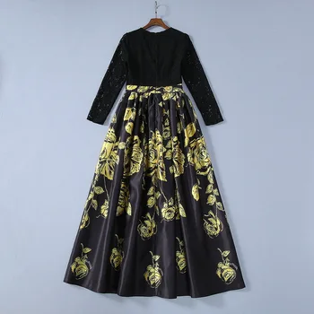 

Spring 2020 for European and American women's wear Long sleeve Lace Mosaic flower print Fashionable black dress