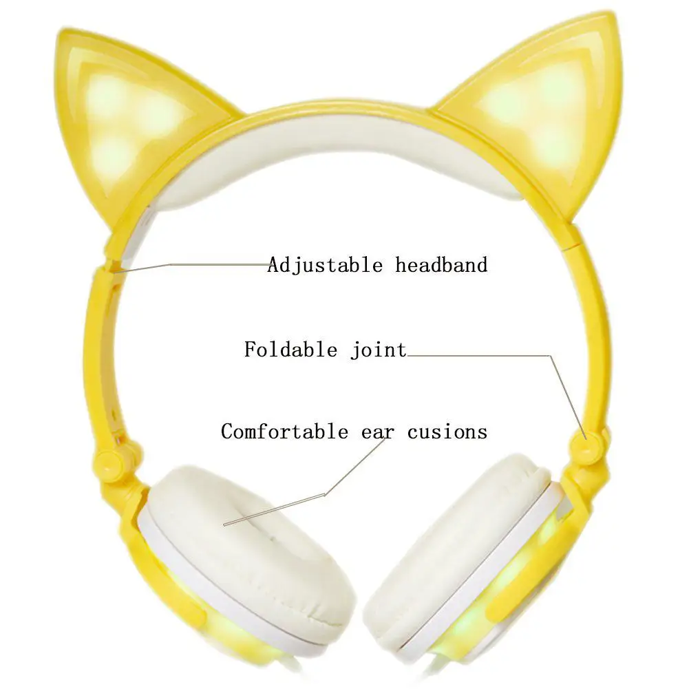 Складные проводные наушники, новинка, милые наушники с кошачьими ушками, светодиодный светильник, заряжаемые через USB, 3,5 мм, стерео наушники HiFi для детей и взрослых