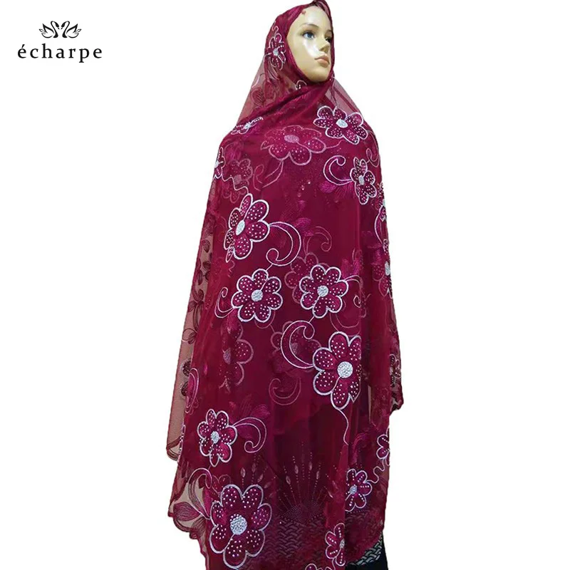 Color 4 Новые африканские женские шарфы большой цветочный дизайн мусульманский вышитый шарф из тюли прозрачный шарф для шали пашмины BM801 - Цвет: Color 4
