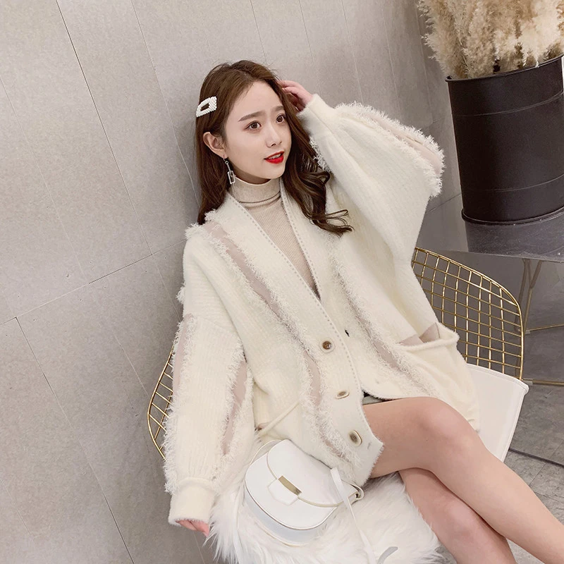 buy  [EAM] Loose Fit Loose Big Size Knitting Jacket New Lapel Long Lantern Sleeve Women Coat Fashion Tid