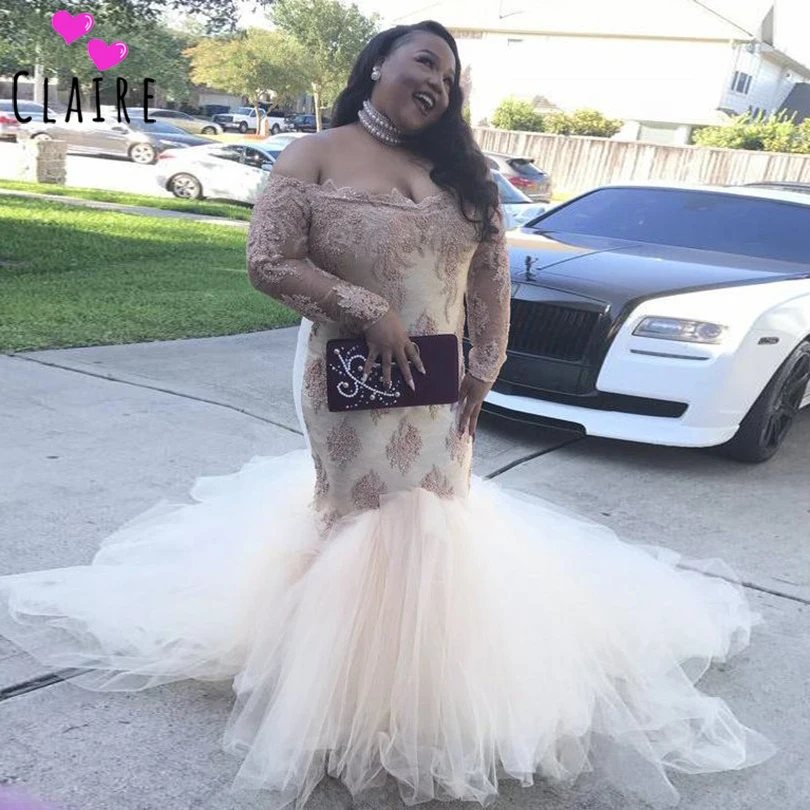 

Plus SIze Prom Dresses 2019 Long Sleeves Mermaid Wedding Party Formal Dress Tulle Lace Appliques Evening Gowns CP021
