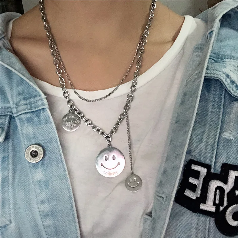 Fashion multi-layered wear stainless steel color matching couple necklace punk metal cold light geometric necklace hot sale