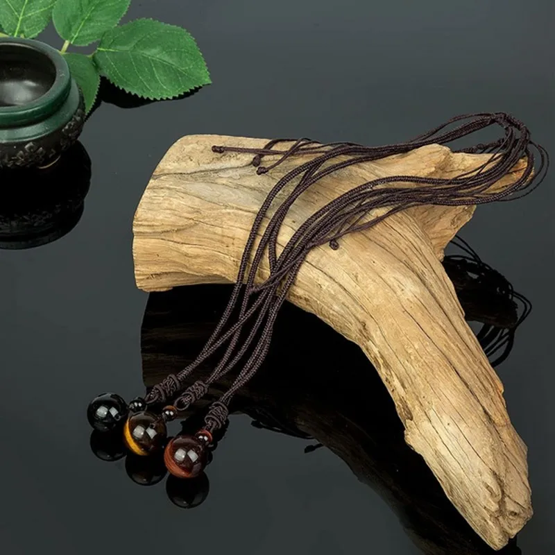 Tiger Eye Stone Lucky Pendant Necklaces For Women Rope Chain Round Obsidian Retro