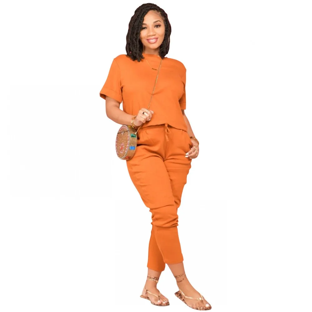 Ladies Trouser Suit Solid Color Round Neck Short-sleeved T-shirt + Casual Pants Two-piece Set 2021 Summer New African Clothing