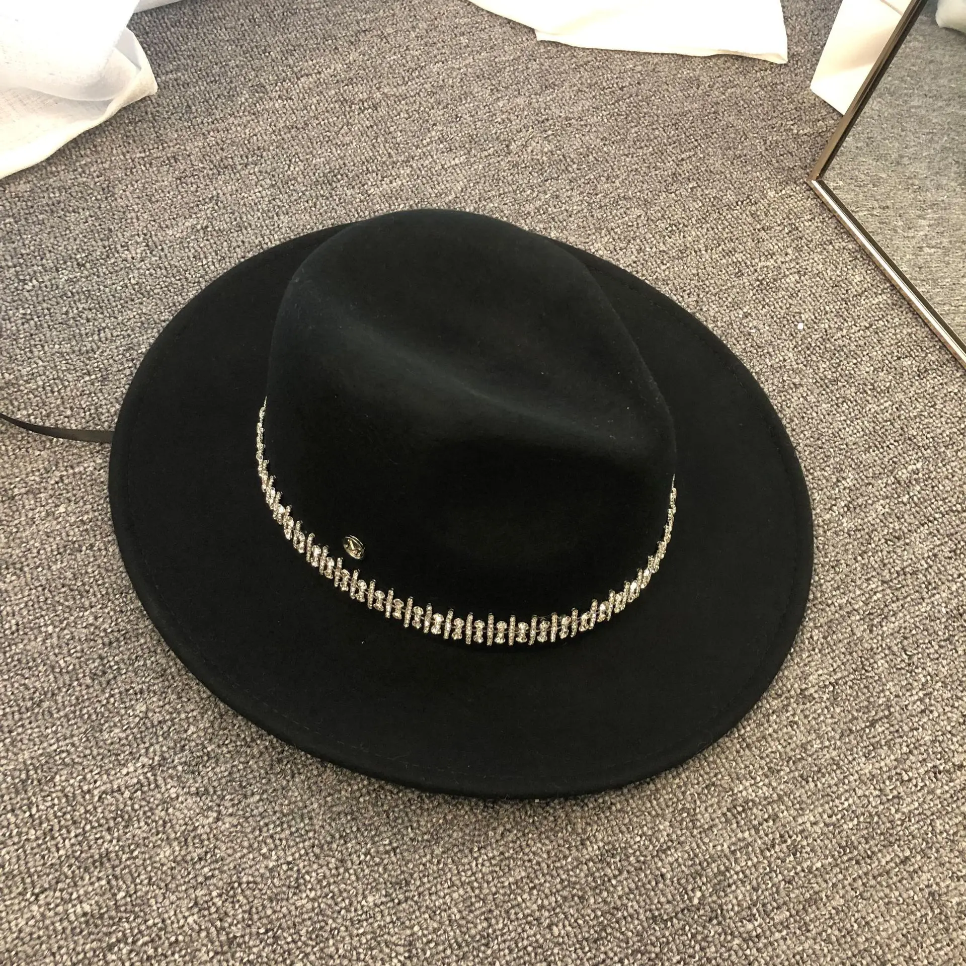 01912-FY416 твердая Черная Шерсть модная цепь Леди Шляпа Fedora женская панама джазовая, шляпа