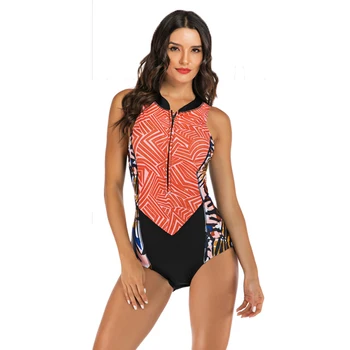 

2020 New Sexy Orange Patchwork Swimwear Women Backless One Piece Suit High Neck Swimsuit S-2XL Girl Front Zipper Beachwear