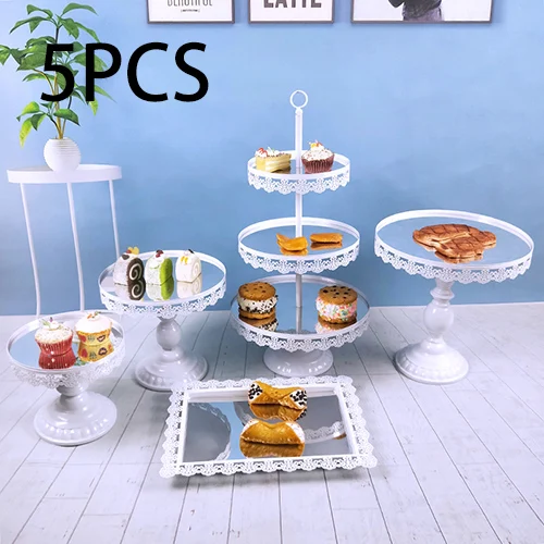 5pcs White(square) Tobs 7 шт./компл. свадебный торт стенд Набор для вечерние украшения с кружевным краем серебро зеркало торт инструменты печенье платформа отображения - Цвет: 5pcs White(square)