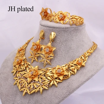 

Ethiopia jewellery Dubai gold color jewelry sets women wedding Ornament gifts Necklace earrings ring bracelet Bride Flowers set
