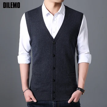 

New Fashion Brand Sweater Mens Cardigan Vest V Neck Slim Fit Jumpers Knitwear Sleeveless Autumn Korean Style Casual Mens Clothes