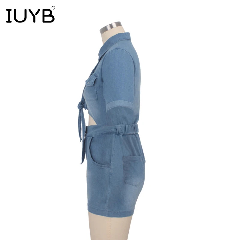 IUYB/ популярные модные популярные сексуальные женские Мини-комбинезоны, однотонные джинсовые комбинезоны с короткими рукавами и вырезами, SMR9184
