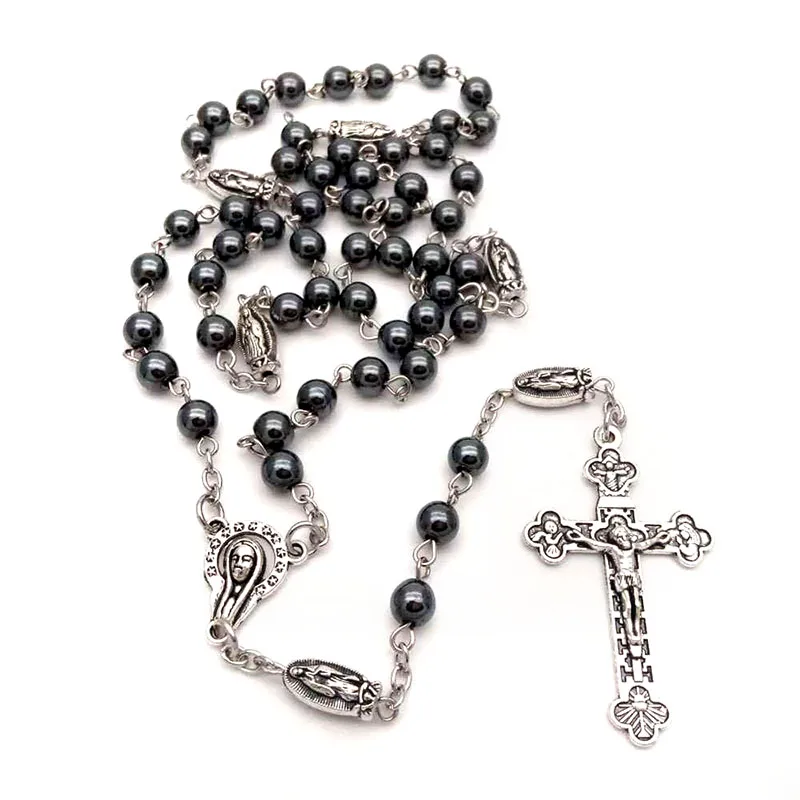 6mm黑胆石加小圣母弯针项链2