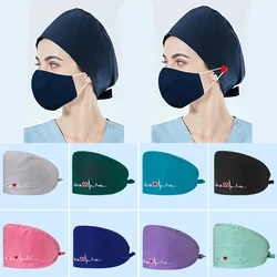 Heart Shape Embroidery Nurse Hats for Women with Buttons Adjustable Unisex Cotton Beauty Care Work Lab Pet Doctor Surgical Cap