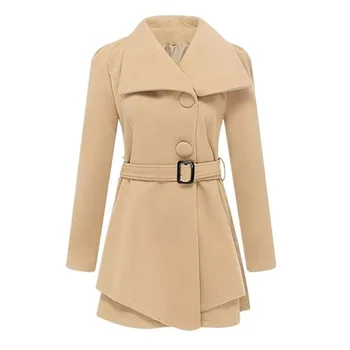 

Korean Style Cape Coat with Belt Vintage Cotton Solid Turn-down Collar Single Breasted Slim Office Lady Winter Women Woolen Coat
