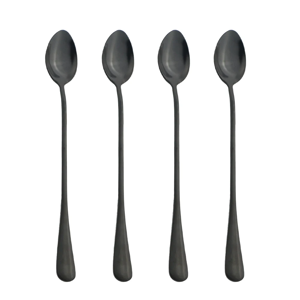 4Pcs Black Long Handle Tea Spoons Juice Stirring Cutlery Stainless Steel Coffee Spoon Drinking Flatware Kitchen Drop Shipping | Дом и сад