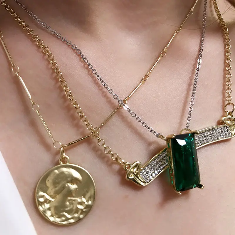 Flatfoosie многослойная золотая Серебряная цветная Сумочка для монет ожерелье женский геометрический кулон с зелеными кристаллами ожерелье эффектные аксессуары