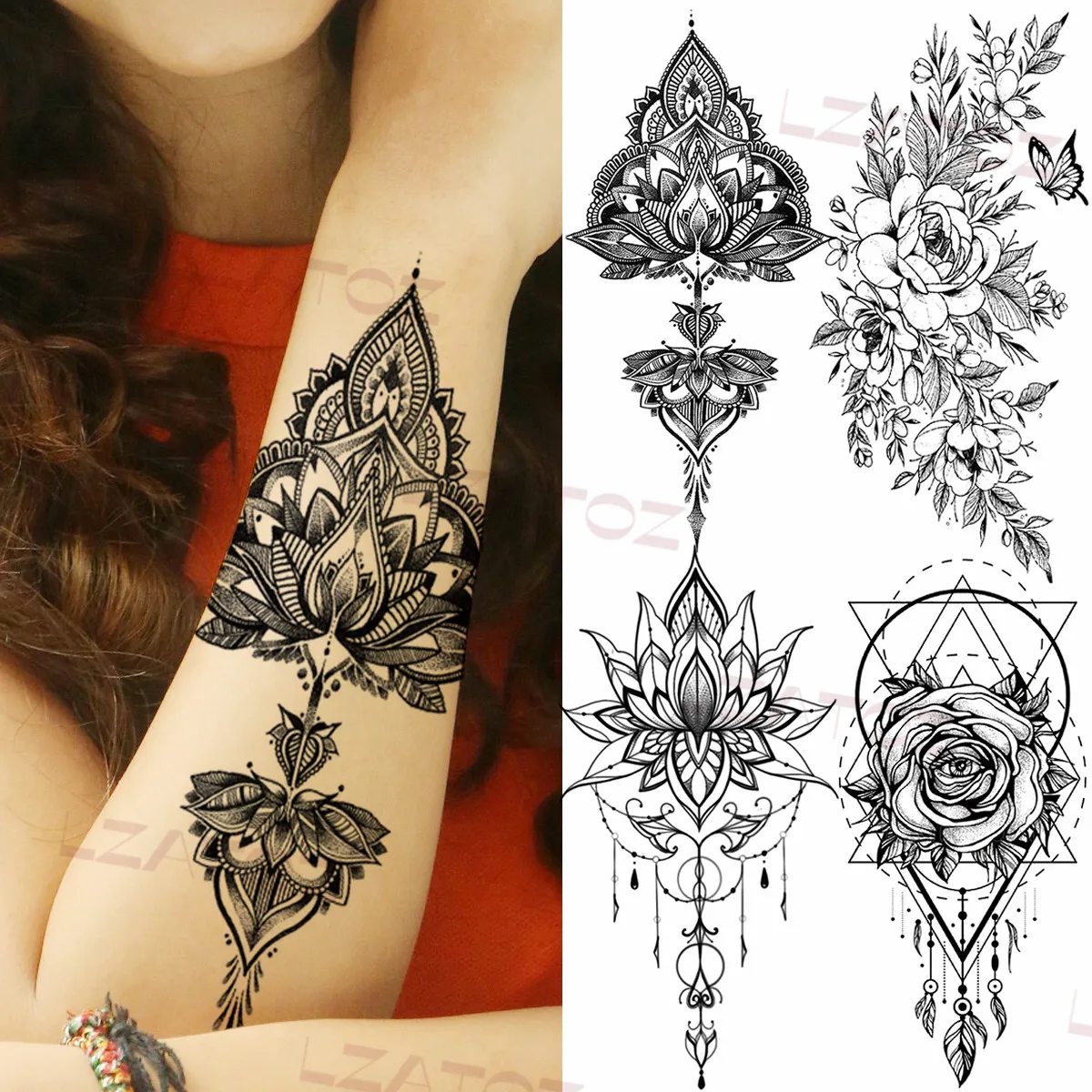 

Black Lotus Henna Temporary Tattoos For Women Adult Rose Geometric Pendant Fake Tattoo Sticker Armband Sexy Waterproof Tatoos