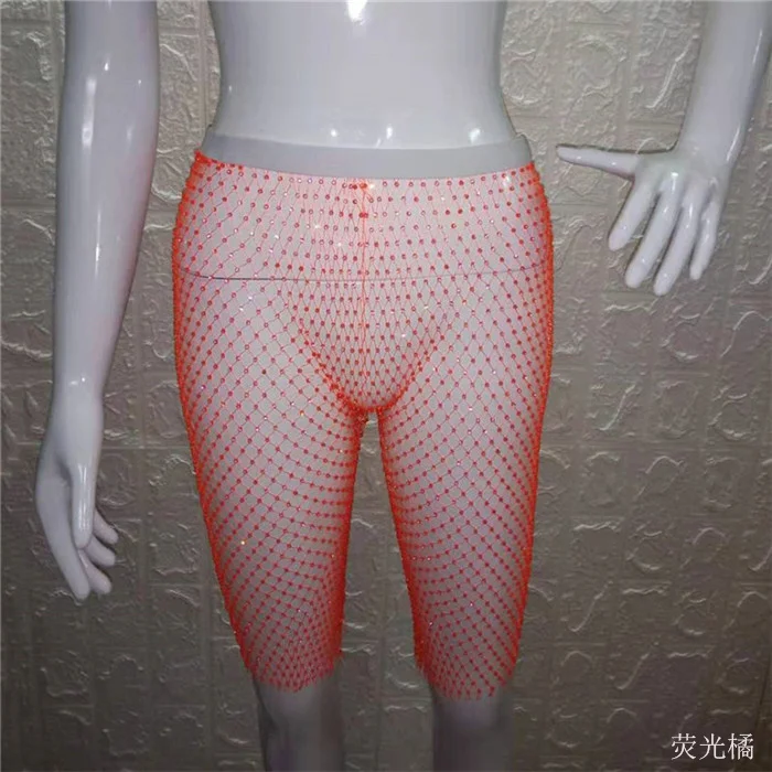 Neon Orange Блестящие прозрачные стразы, сетчатые шорты с эластичной резинкой на талии, прозрачные сексуальные женские летние пляжные шорты, ночной клуб Короткое женское платье - Цвет: Neon Orange