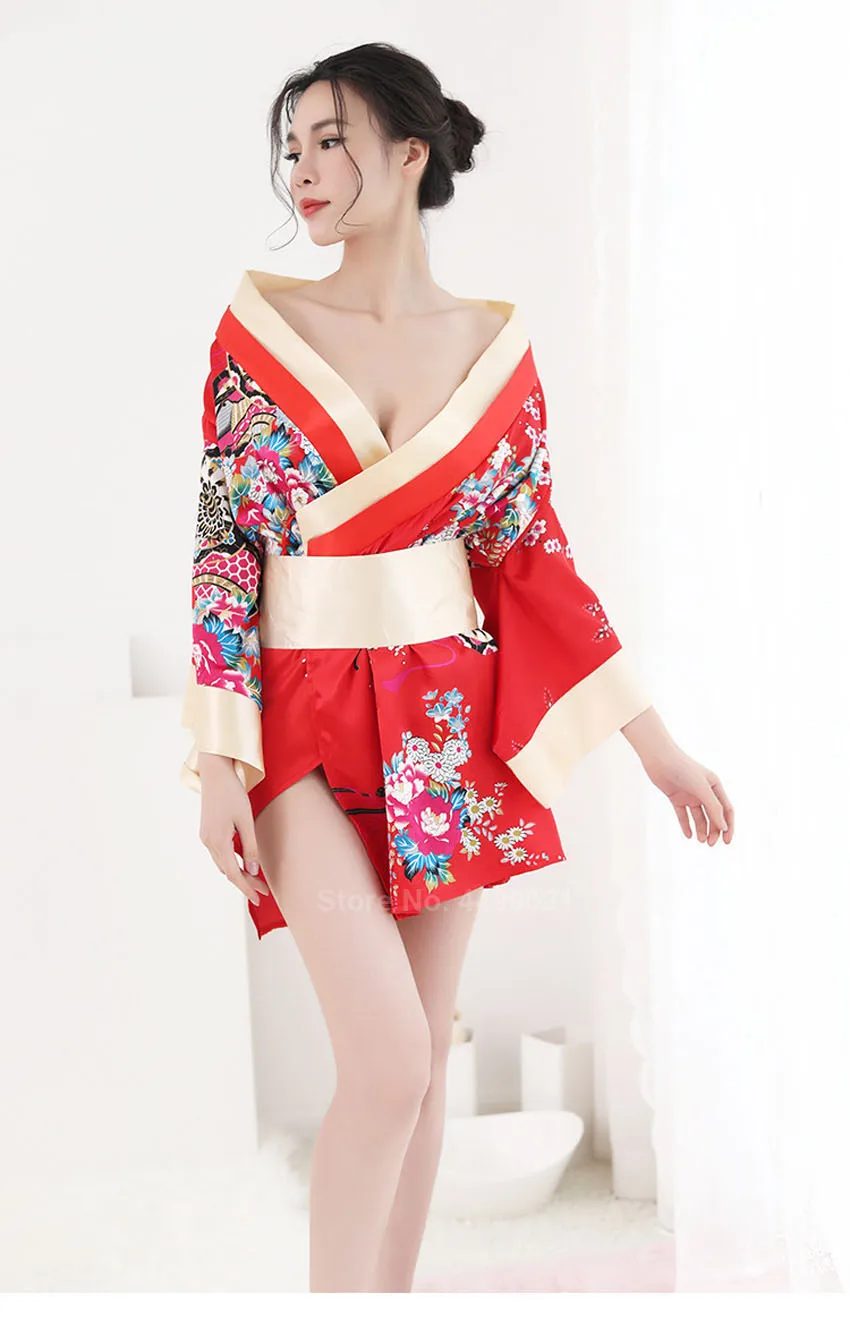 red Японское женское кимоно с v-образным вырезом Yutaka Obi Короткая свободная Пижама Geisha девушки привлекательность Haori сексуальный цветочный атласный шелк домашняя пижама - Цвет: red