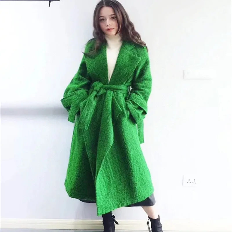 

Brand New Womens Woolen Coat temperament V Neck Green Color Office Lady Elegant Slim Cashmere Warm Long Wool Jacket With Belt