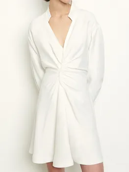 

OL V-neck White Women Shirt Dress 2020 Spring Summer Pleated Waist Slim Ladies Office Work Long-sleeved Dresses