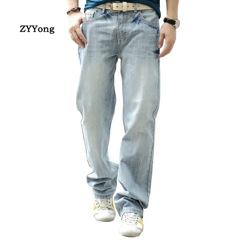 Large Size 28-44 Loose Baggy Straight Classic Men Jeans Casual Hip Hop Skateboard Denim Trousers Light Blue Wide Leg Pants | Мужская