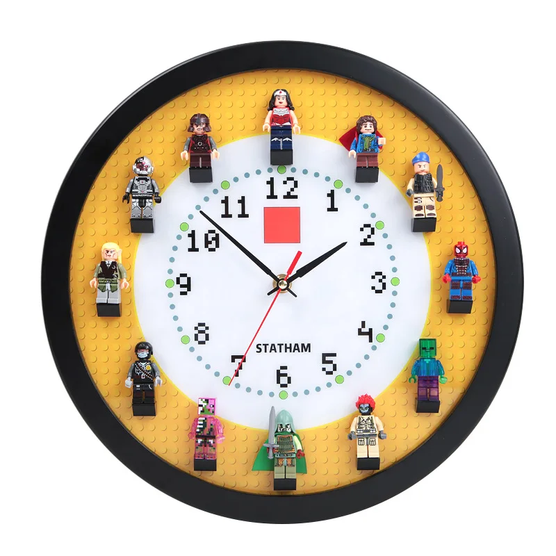 

legoinglys Marvel Iron Man Spider-Man Round Blocks Creative Wall Clock Living Room Decoration Hanging Table Fashion Decoration