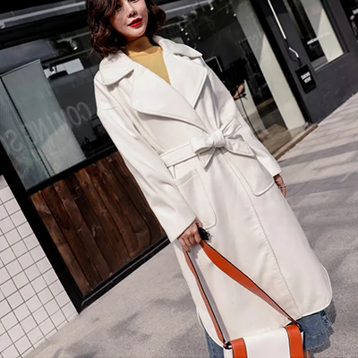 Beige Одноцветное длинное шерстяное пальто с поясом, Женское зимнее теплое кашемировое пальто на шнуровке, офисное женское корейское свободное шерстяное пальто - Цвет: Beige