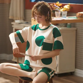 

Spring and summer short-sleeved comfortable O-neck pajamas can be worn outside dot pattern ladies cute 2 piece suit casual