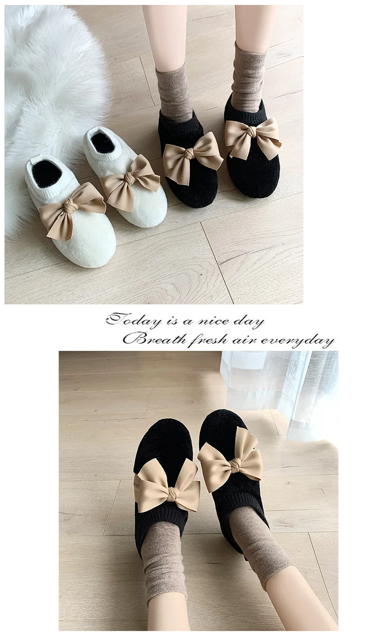 Ladies cute plush flat Cotton shoes Zapatos de mujer Flat shoes for women Fashion solid color butterfly-knot shallow mouth shoes