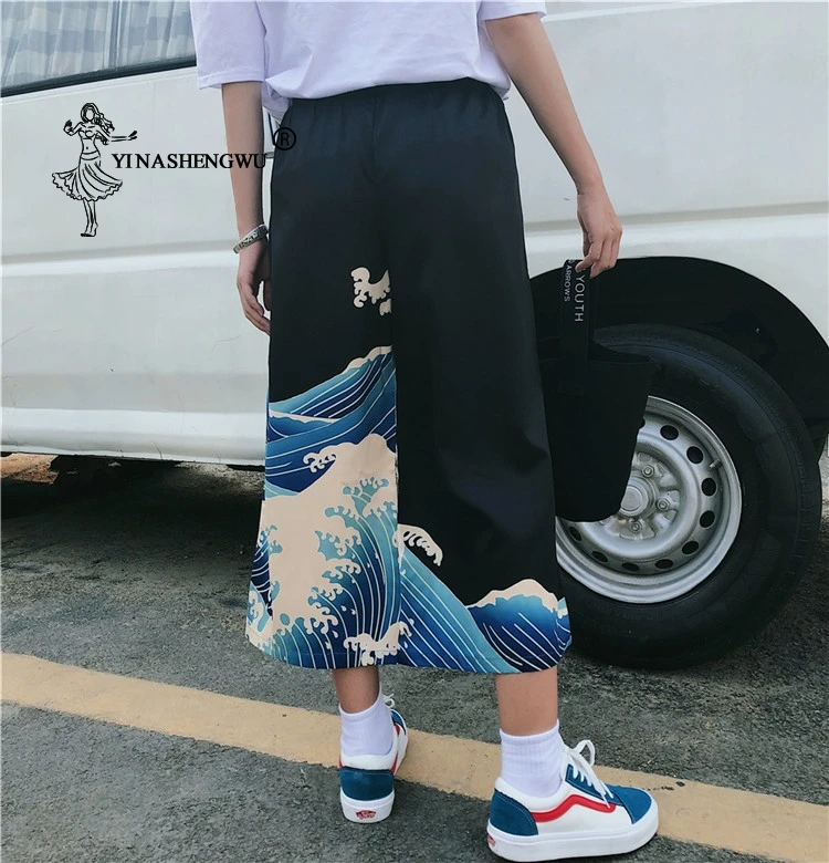 Kimono Femme Kimono Long Pants Haori Pant Beach Casual Loose Pants Wave Print Asian Costume Japan Style Unisex Kimono Yukata Men