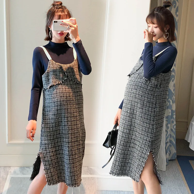 

Maternity Clothes 2018 Fall And Winter Clothes New Style Solid Color Knit Low Waist Jersey Plaid Nursing Suspender Skirt Two-Pie