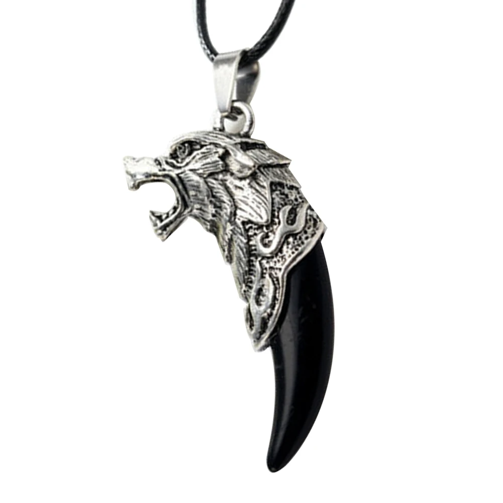 4 Color Antique Men Necklace Tribal Carved Wolf Fang Tooth Pendant Faux Leather Rope Necklace Resin Wolf Tooth Alloy Pendant
