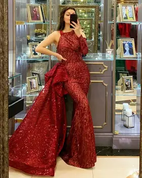 

Evening Dress 2020 Mermaid Red Sequined For Women Sleeveless Turkey in Dubai Formal party long Night Prom Gowns Plus Size