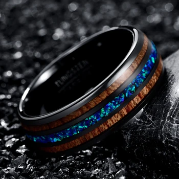 

8mm Luxury Black Tungsten Carbide Ring Blue Opal Inlay Wood Men Women Wedding Engagement Ring Bague Homme