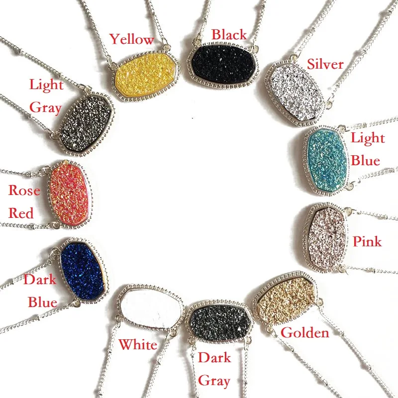 11 Colors Resin Drusy Hexagon Pendant Necklace Druzy Pendant Silver Gold Choker Statement Necklaces for Women Jewelry Gift