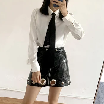 

Fashion Woman Tops Summer Black Necktie White Chiffon Blouse Women Office Spring Long Sleeve Female Shirts Korean Clothes