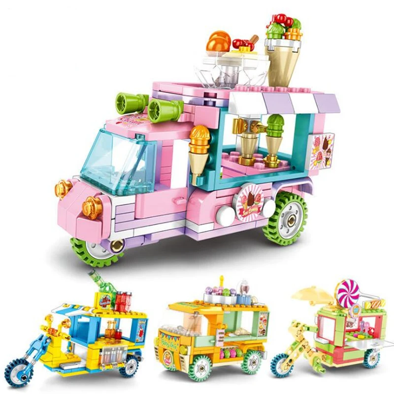 

Creative Mini City Street View Series Ice Cream Dining Cart Drinks Sale Vehicle model Building Block Toys for Children